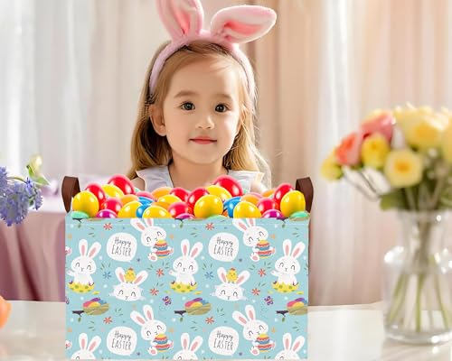 Image of Large Rectangular Easter Baskets Empty Waterproof Boy Toy Box Foldable Kid's Gifts Storage Bin Spring Room Decor(Flower Rabbit Holding Egg)