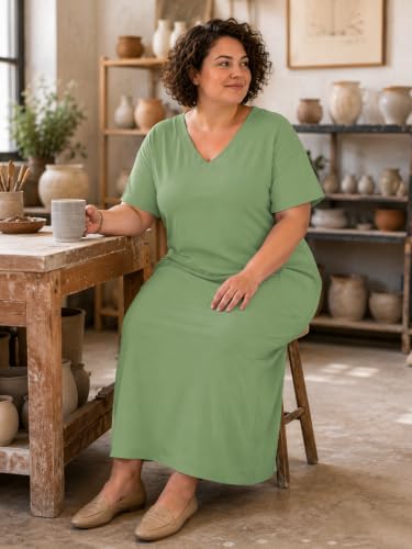 Image of SUZONANA Women Casual T-Shirt Dress V Neck Short Sleeve Solid Color Oversize Dress with Front Two Pockets