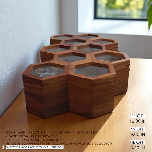 Image of Vintage Wooden Watch Box for Men, Timepiece Display Case, Honeycomb Watch Storage & Organizer, Jewlery Box for Women, Anniversary Gift For Husband (10 Compartments)