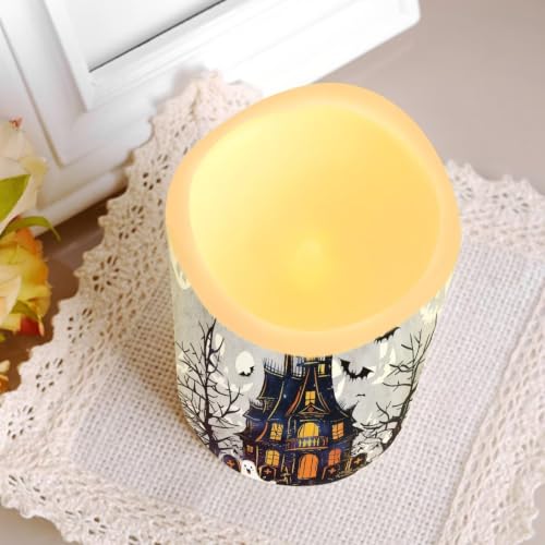 Image of Halloween Haunted House Color Changing Electric Candles | Halloween Flameless Candle Set with Remote Control, Battery Operated Fake Candles for Kitchen Room Home Decor, 4 Pack
