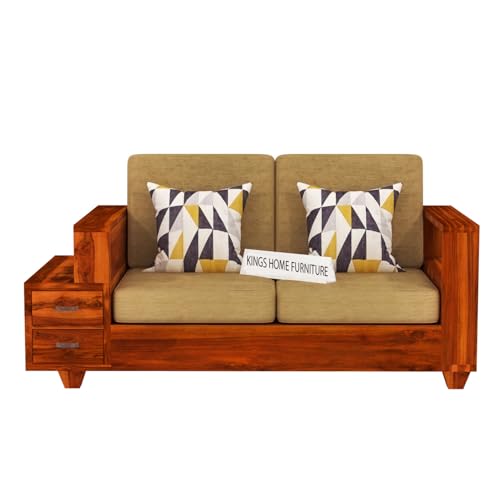 Image of Sheesham Wood 2 Seater Sofa | 2 Seater Sofa with 2 Drawer Storage | Wooden Sofa Set Furniture for Living Room Home Office (2 Seater,Honey)