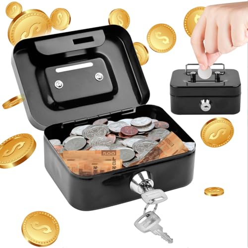 Caja Ahorro, Hucha con Llave, Hucha Cerdito, Huchas Ahorros para Calderilla, Monedas, Billetes, Cerradura con 2 Llaves, Pequeña, Alcancia Metal, Negro