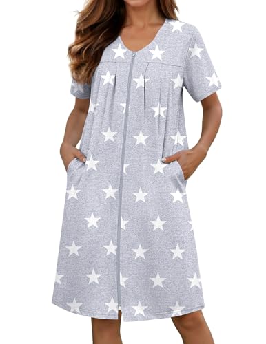 Image of Ekouaer Zipper Robes for Women Short Knit Bathrobes Lightweight Knee Length Housecoat with Pockets Nightgown