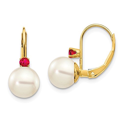 14k Yellow Gold 7 7.5mm White Round Freshwater Cultured Pearl Red Ruby Leverback Earrings Lever Back Drop Dangle Birthstone July Fine Jewelry For Women Gifts For Her