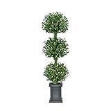 Fraser Hill Farm 48" Boxwood Topiary with Warm LED Lights in Black Pot, Great Outdoor Holiday Decor, Battery Operated Fake Tree for Porch, Deck, or Balcony