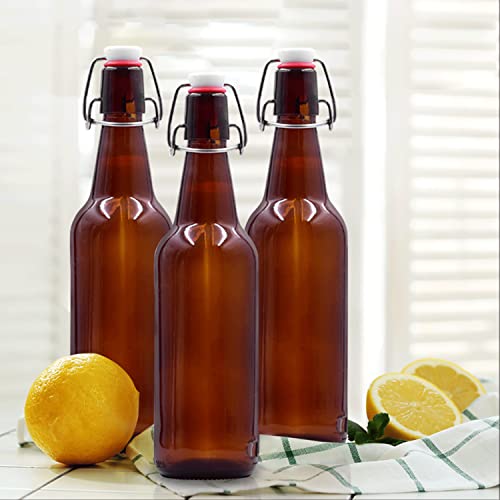 Nevlers 12 Pack Of Amber Glass Beer Bottles For Home Brewing 16 Oz - The Glass Bottles With Caps Comes With A Funnel, Brush & White Marker - Great Amber Bottles & Empty Bottles For Beer Brewing #TOP6