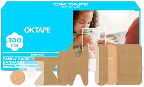 OK TAPE Assorted Adhesive Bandages, 300 Ct, 9 Sizes Sterile Bandage for Wounds, Fingertip and Knuckle, Latex Free, Protection for First Aid (Fabric, Sheer, Waterproof&Clear)