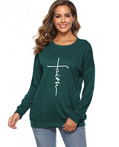ZILIN Women's Casual Letter Print Crewneck T-Shirt Long Sleeve Tunic Tops Sweatshirt With Pockets (Green, Large)