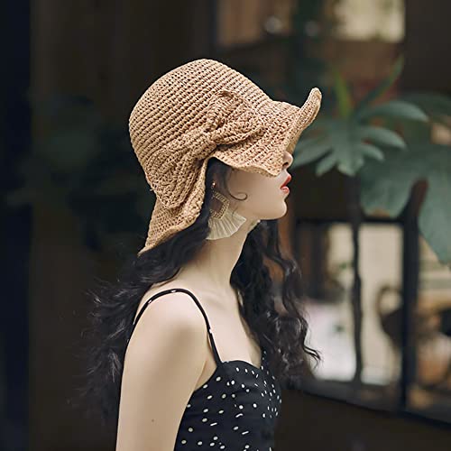 Image of GSHLLO Women Bowknot Straw Hat Foldable Outdoor Sun Hat Summer Beach Floppy Hat UV Protection Straw Cap Sun Visor Cap