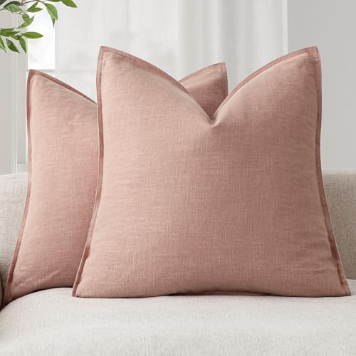 Foindtower Pack of 2, Decorative Linen Soild Throw Pillow Covers Soft Accent Euro Cushion Case Boho Farmhouse Pillowcase for Chair Couch Sofa Bedroom Living Room Home Decor 18 x 18 Inch Coral Pink