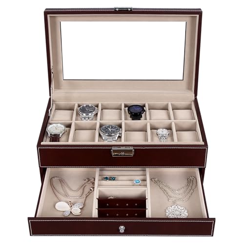 SONGMICS Watch Box Jewelry Organizer Brown Case with 12 Pillows Lockable UJWB012Z