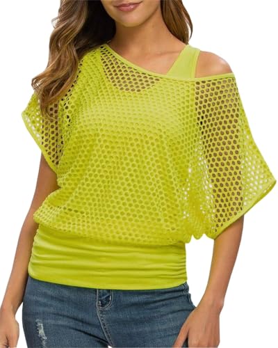 ELFIN Camiseta de Malla para Mujer de los años 80 Carnaval Fiesta temática Tops 80s Fancy Dress Camisetas de Verano
