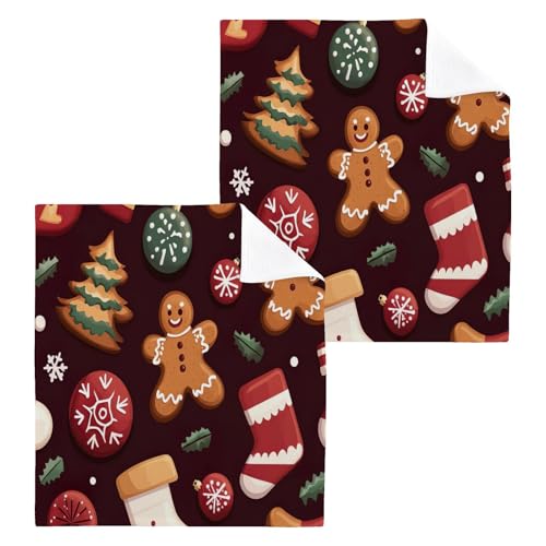 Kigai Christmas Cookie Socks Washcloths Set of 2-12 x 12 inch Pure Cotton Wash Cloth Highly Absorbent and Soft Fingertip Towels Face Cloths for Bath, Spa