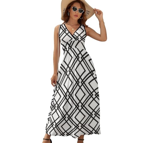 Robe maxi col V imprimé grille noire pour l'été décontracté - 6