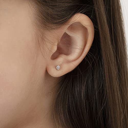 14k White Gold Little Girls 3mm Bezel Set Round Simulated Birthstone Screw Backs, Elegant Stud Earrings for Babies and Toddlers- Safety Screw Back Locking for Children, Cute Bezel Studs for Girls3