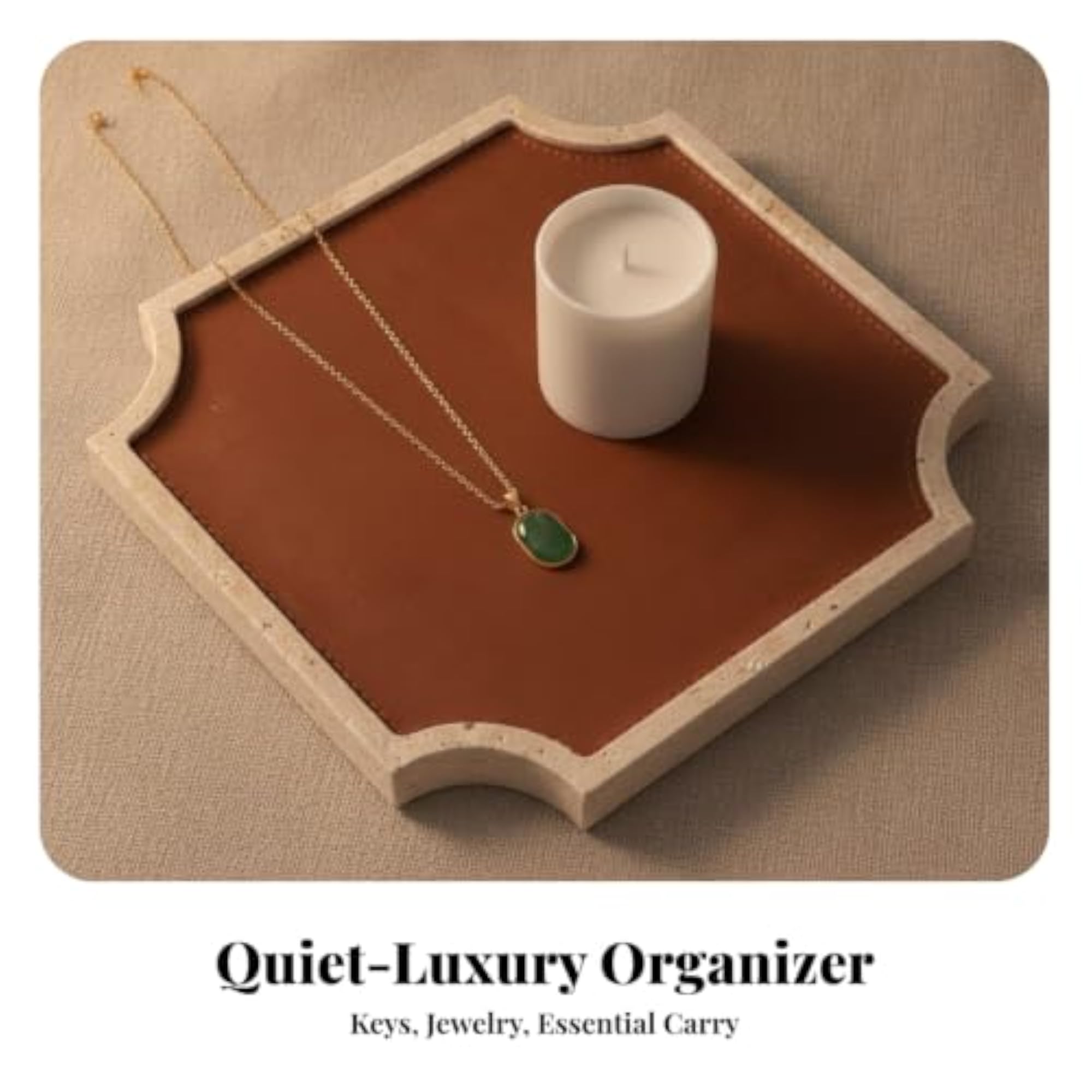 Multifunctional Stone Tray with Leather Inset, Elegant Square Design