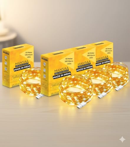 Image of MANSAA 100 LED Fairy String Lights 10 Meter Copper Wire, USB Powered Warm Yellow Lights for Bedroom, Diwali, Wedding, Party, Curtain, Balcony & Home Decoration Lighting (Pack of 10,18 Months Warranty)