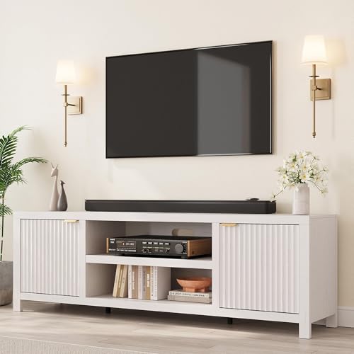 IDEALHOUSE Fluted TV Stand for 75+ Inch, Modern Entertainment Center with 2-Tier Storage & Adjustable Shelves, Media Console Cabinet with 2 Fluted Doors and Gold Handle for Living Room, Bedroom, White