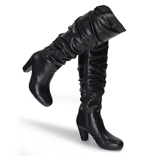 Hawkwell Women's Black White Fall Winter Chunky High-heel Side Zip Knee High Boots