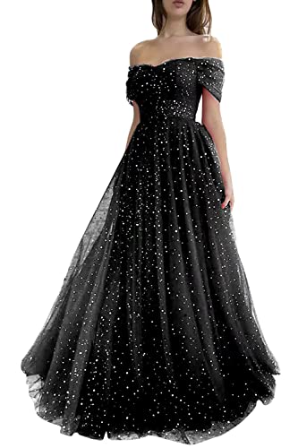 Sevintage Sparkly Tulle Prom Dresses for Women 2023 Off Shoulder Pleated Formal Evening Party Gowns
