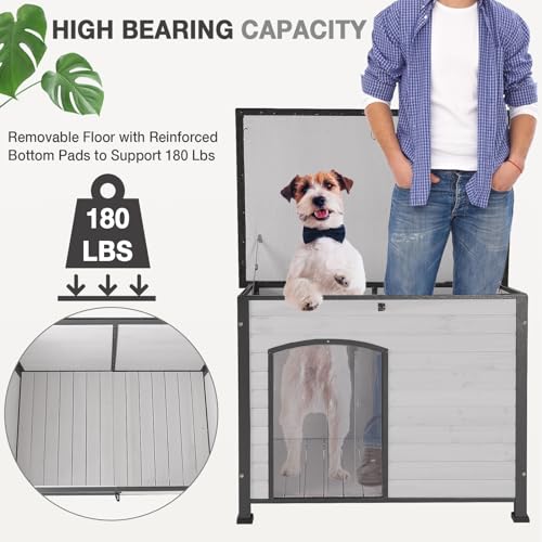 Medehoo AIR86-H Dog House Outdoor Insulated Dog House For Small Medium Large Dogs, Natural Wood With Iron Frame, Waterproof Roof Raised Feet thumb #3