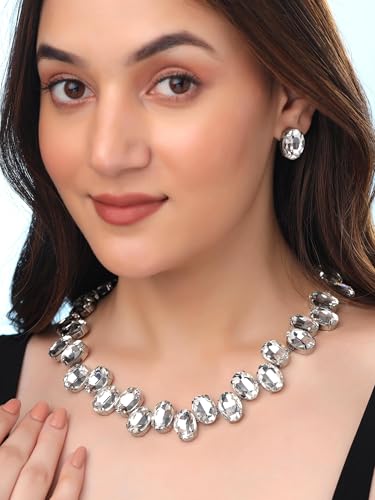 Image of Yellow Chimes Necklace Set for Women | Silver Stone Necklace Set | A5 Crystal Jewellery Set for Women | Rhodium Plated Necklace Set | Birthday Gift for Girls & Women Anniversary Gift for Wife