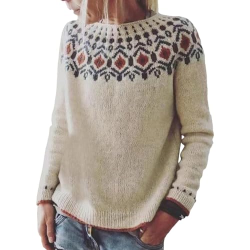 YEBIRAL Long Pullover Damen Langarm Norweger Pullover Damen Original Weihnachten Pullover Winter Kaschmir Pullis Langarm Oberteile Elegant Rundhals Casual Warm Winterpullover Strickpullover Jumpers