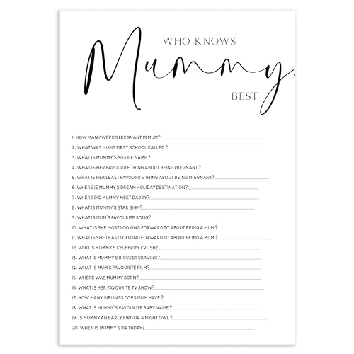 Baby Shower Games - Pack of 15 Who Knows Mummy Best Game Cards- White Minimal Elegant Design-Unisex-A5 Size (BSOBWKM15)