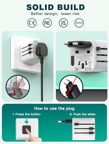 Image of Universal Travel Adapter Worldwide, TECSIX Compact Travel Power Plug Adapter (Type A C G I), 2500W Internetional Wall Charger Outlet Adaptor to Europe, India, UK, US, AUS, Asia 200+ Countries