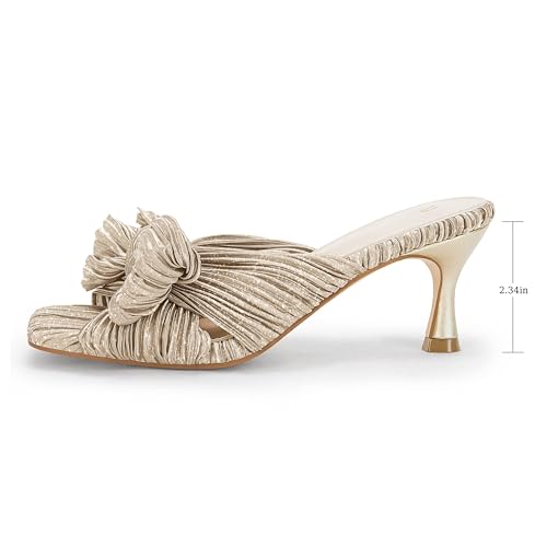 Image of Coutgo Womens Bow Heeled Sandals Pleated Bowknot Heels Open Square Toe Cute Kitten Heel Mules Slip On Wedding Dress Shoes