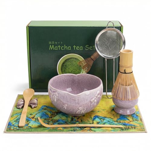 Stoviea Matcha Whisk Set 8 Pcs - Complete Japanese Matcha Tea Kit with Easy-Pour Ceramic Bowl 100 Prong Bamboo Whisk (Chasen) Scoop Sifter Holder & Gift Box Vintage Purple Glaze for Tea Lovers