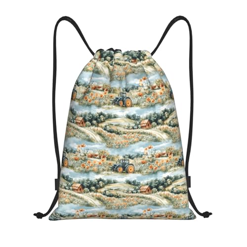 Drawstring Backpack - Village Flower Tractor Print Sports Gym Sackpack String Bag For Women Men, Lightweight Draw String Back Bag For Workout Travel