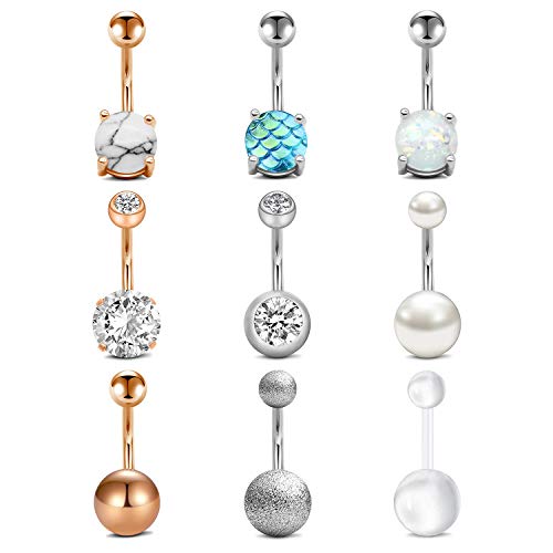 QWALIT Belly Button Rings Surgical Steel 14G Opal CZ Navel Piercings Jewelry for Women Girls 3/8