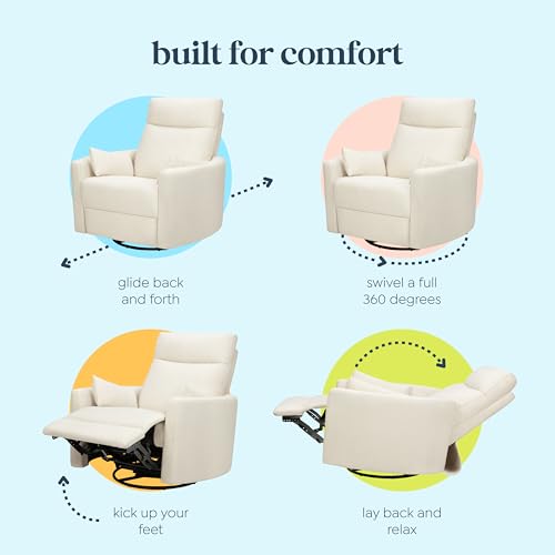 Image of Davinci Atlas Upholstered Recliner and Swivel Glider in Vanilla | Nursery Glider Chair with High Back, Padded Armrests, and Bolster Pillows | Smooth Recline for Nursing and Feeding