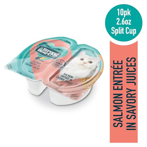 Image of A Strong Heart Split Cup Wet Cat Food, Salmon Entree - 2.6 oz Split Cups, 20 Servings (Pack of 10), Made in The USA with Real Salmon & Poultry