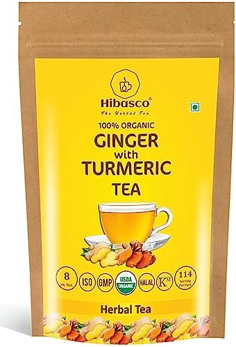 Organic Ginger with Turmeric Tea – 8 oz/ 227 gm, Loose Herbal Tea I Energy Boosting I Resealable Pack, 100% Pure & Natural I No additives, No preservative, Halal, Non GMO
