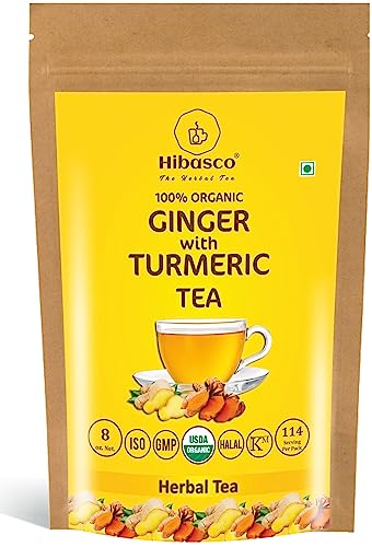 Organic Ginger With Turmeric Tea – 8 Oz/ 227 Gm, Loose Herbal Tea I Energy Boosting I Resealable Pack, 100% Pure & Natural I No Additives, No Preservative, Halal, Non Gmo #TOP16