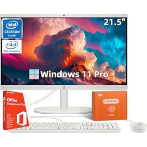 HP All in one Desktop PC with Office Lifetime License, 21.5″ FHD Display, 32 GB RAM, 1 TB SSD, Intel Celeron J4025, Webcam, Intel Graphics, Wi-Fi 6, Bluetooth, HDMI, Windows 11 Pro w/RH- Accessories