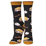 Crazy Socks – Smores Novelty Crew Socks – Medium – Funny Campfire Dessert Food Socks for Men Women Teens Adults – Marshmallow Chocolate Graham Cracker Gift for Foodies Campers Birthdays Holidays