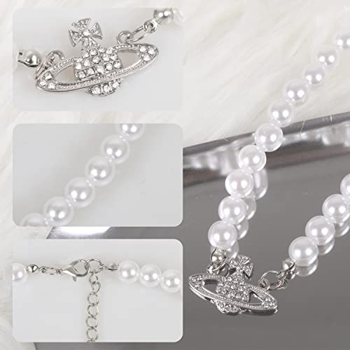 Yunison Pearl Saturn Necklace Rhinestone Pendant Planet Choker Retro Jewelry For Women Girls Birthday Party Anniversary #TOP3