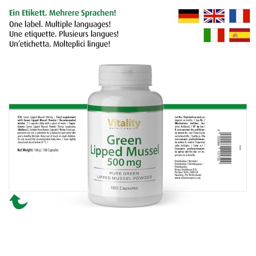 Grünlippmuschel Kapseln hochdosiert mit 1500 mg pro Tagesdosis (180 Stk) aus nachhaltiger Zucht Neuseeland, Glykosaminoglykanen, Omega 3, Gelenke Vitality Nutritionals by VitaminExpress