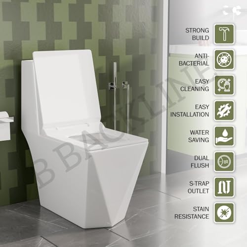 Image of Backline Ceramic Commodes For Toilet Diamond Cut | One Piece Water Closet | Western Toilet For Bathroom | With Soft Close Seat Cover - S Trap 9 inch Outlet Is From Floor (White) (7 Years Glaze Warrenty)
