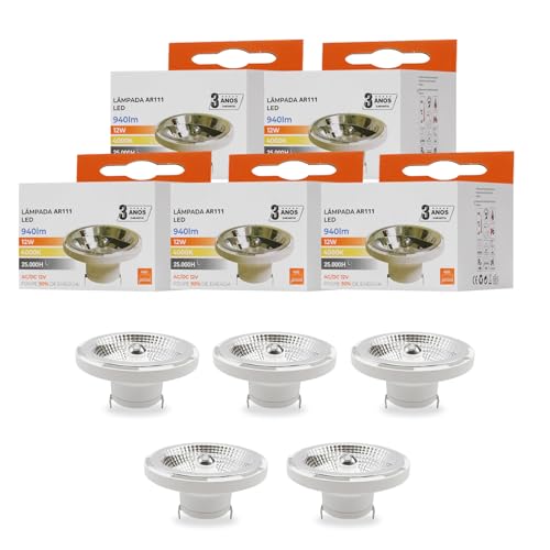 Maxled, Light is Led! 5 Lampadine LED AR111 G53 12W 4000K Bianco Neutro, Sostituisce Alogena 75W, 940LM, Angolo 45°, AC12V, Non Dimmerabile