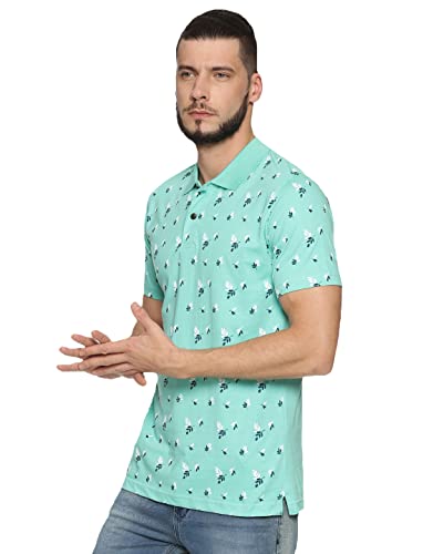 Image of KRYPTIC Men's 100% Cotton Sea Green Leaf Printed Polo Tshirt (S)
