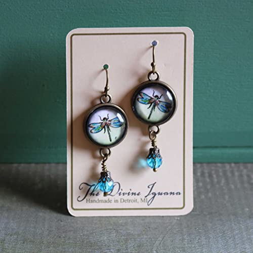Elegant Teal And Blue Dragonfly Earrings With Glass Accent Bead #TOP2