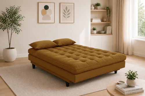 Image of 3-Seater Velvet Sofa Cum Bed | Tufted Convertible Sleeper Sofa | Plush Cushioned Seating | Space-Saving Design for Living Room, Bedroom & Office | Golden