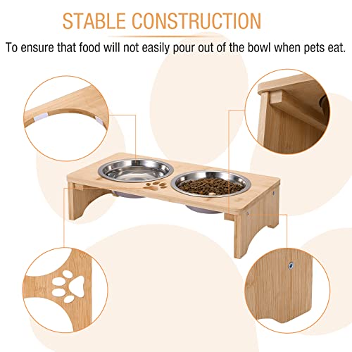 Coozment Elevated Dog Bowls, Dog Food Bowls,Bamboo Dog Bowl Rack, Raised Feeding Bowls For Cats And Dogs, Non-Slip Dog Cat Feeder With 2 Stainless Steel Bowls 15 X 7 X 4 Inches（100% Natural Wooden） #TOP2