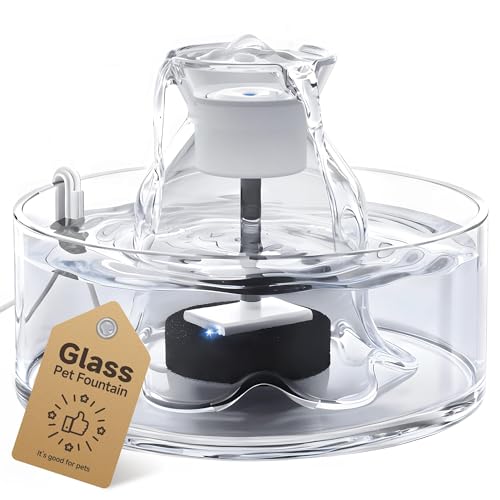 PETIMI Glass Cat Water Fountain 2.7L/91 oz Ultra-Quiet Pet Fountain Automatic Water Dispenser for Cats & Small Dogs Spill-Resistant Pet Water Bowl BPA-Free Includes 2 Filters Effortless to Clean
