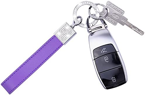 wisdompro Crystal Car Keychain for Women, Genuine Leather Key FOB Keychain Key Chain Accessories with Bling Rhinestones and 2 Key Rings for Car Key FOB