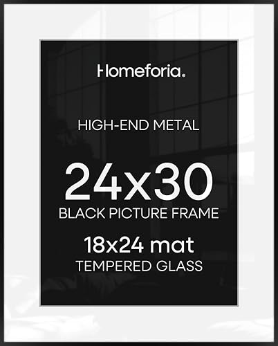 Image of Homeforia 24x30 Poster Frame Black, High End Metal 24 x 30 Picture Frames with Mat 18 by 24 inches Photo, 24x30 Black Frame Matted to 18x24 Print, 30x24 Large Frame, Tempered Glass, Wall Kit, Set of 1